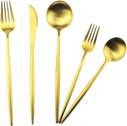 Gugrida Matte Gold 5-Piece Silverware Set, 18/10 Stainless Steel Satin Finish Kitchen Utensil Set, Dishwasher Safe