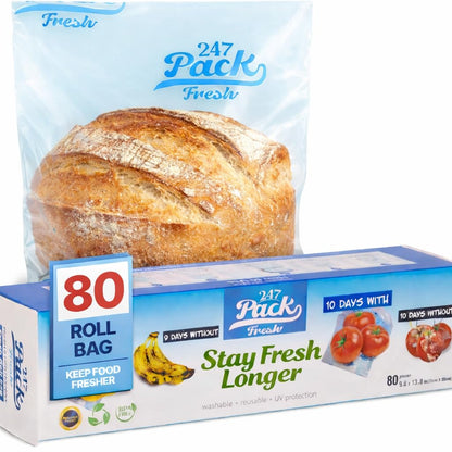 Freshpack 247 Produce Storage Bags Roll 10 x 14 Inches 1 Gallon 80 Pack Tear Off Reusable Food Storage Bags With Zipper, Bread Keeper Bag For Fruits Vegetables Meal Prep Pantry Use