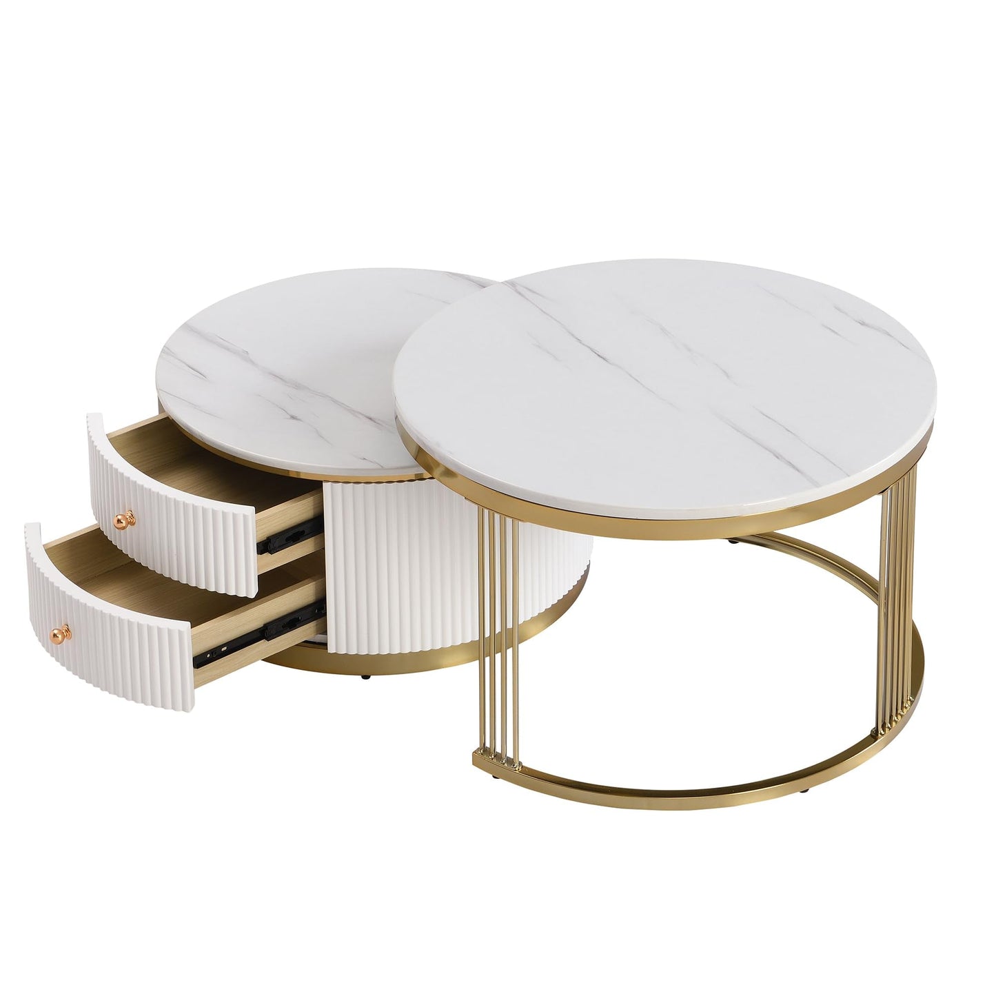 Merax 27.6'' Round Nesting Coffee Table, Modern with 2 Large Drawers Storage, Gold Finish End Tables for Living Room Apartment, Gold+White