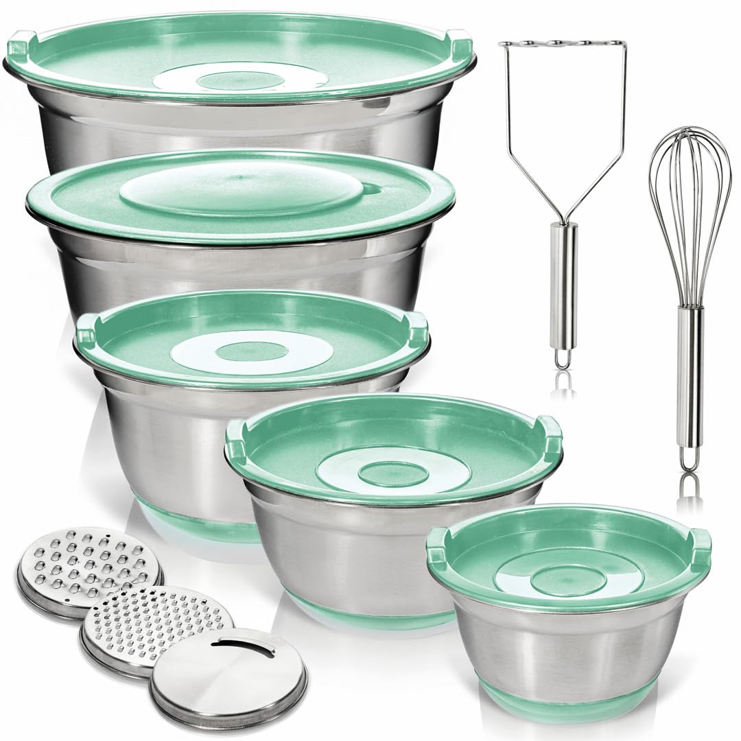 WHYSKO Stainless Steel Mixing Bowls with Lids Set - 5 Rustproof Metal Nesting Mixing Bowls for Kitchen, Meal Prep, Baking, Cooking, Storage - Includes 3 Grater Attachments, Dishwasher Safe