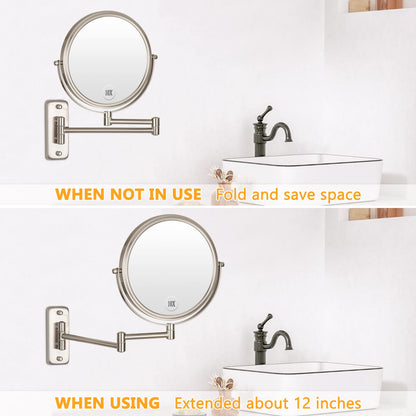 ALHAKIN 9" Wall Mounted Lighted Makeup Mirror, Large Rechargeable 1X/10X Magnifying Mirror with 3 Color Lights Dimmable, 360° Rotation, Nickel