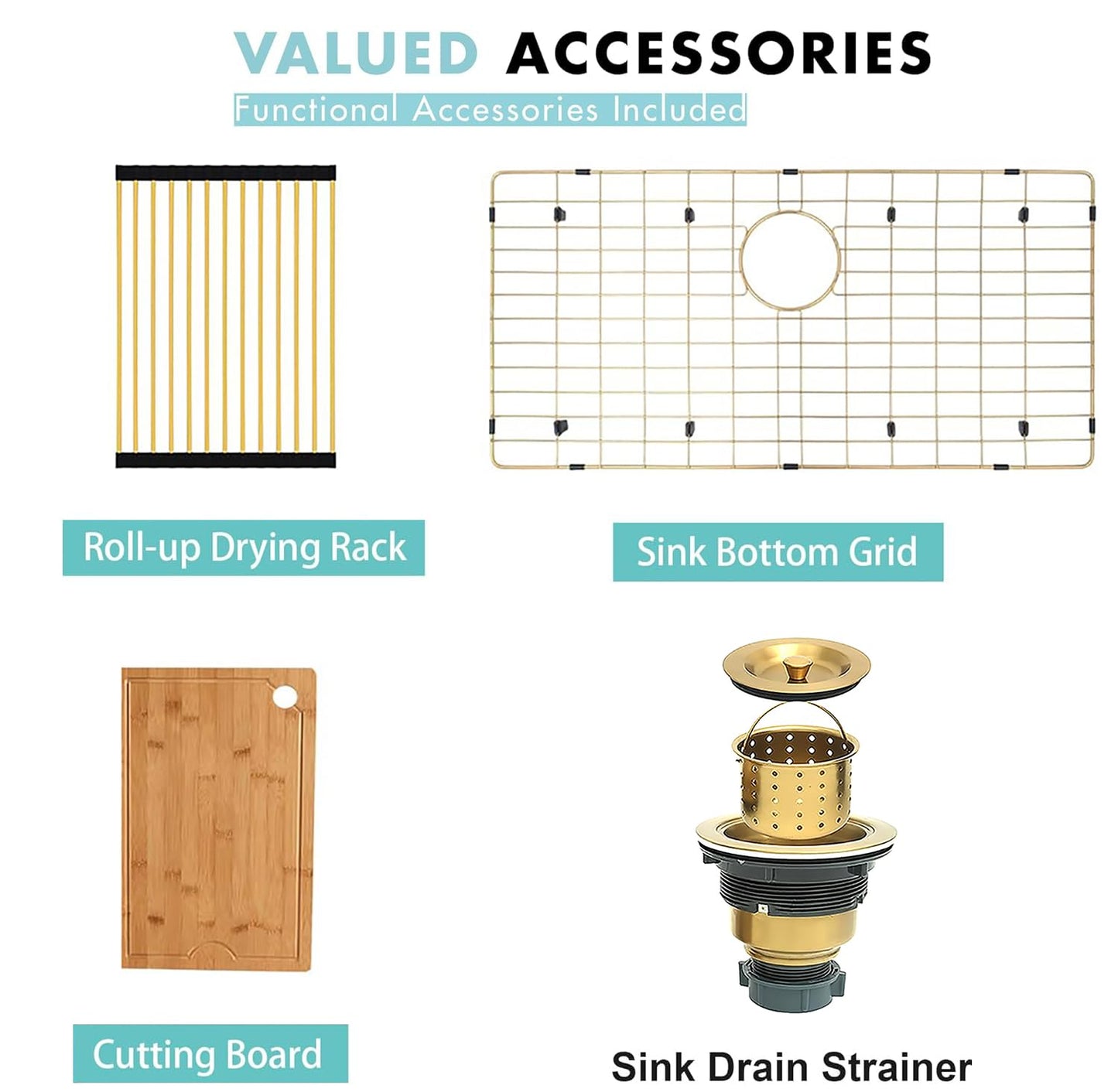MONSINTA Gold Farmhouse Kitchen Sink, 16 Gauge SUS304 Stainless Steel Farm Sinks, All In One Workstation Sink with Ledge & Accessories, 33" x 20" x 10" Large and Deep Gold Undermount Kitchen Sink
