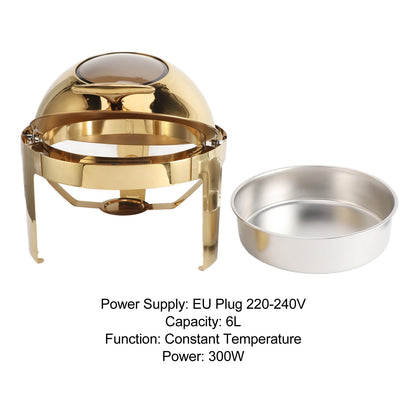 Chafing Dish Buffet Set Premium Stainless Steel Round Catering Food Warmer with Transparent Lid Alcohol Heated for Party Event Restaurant Banquet Gold 6L 47cm (1 Full Size Pan)