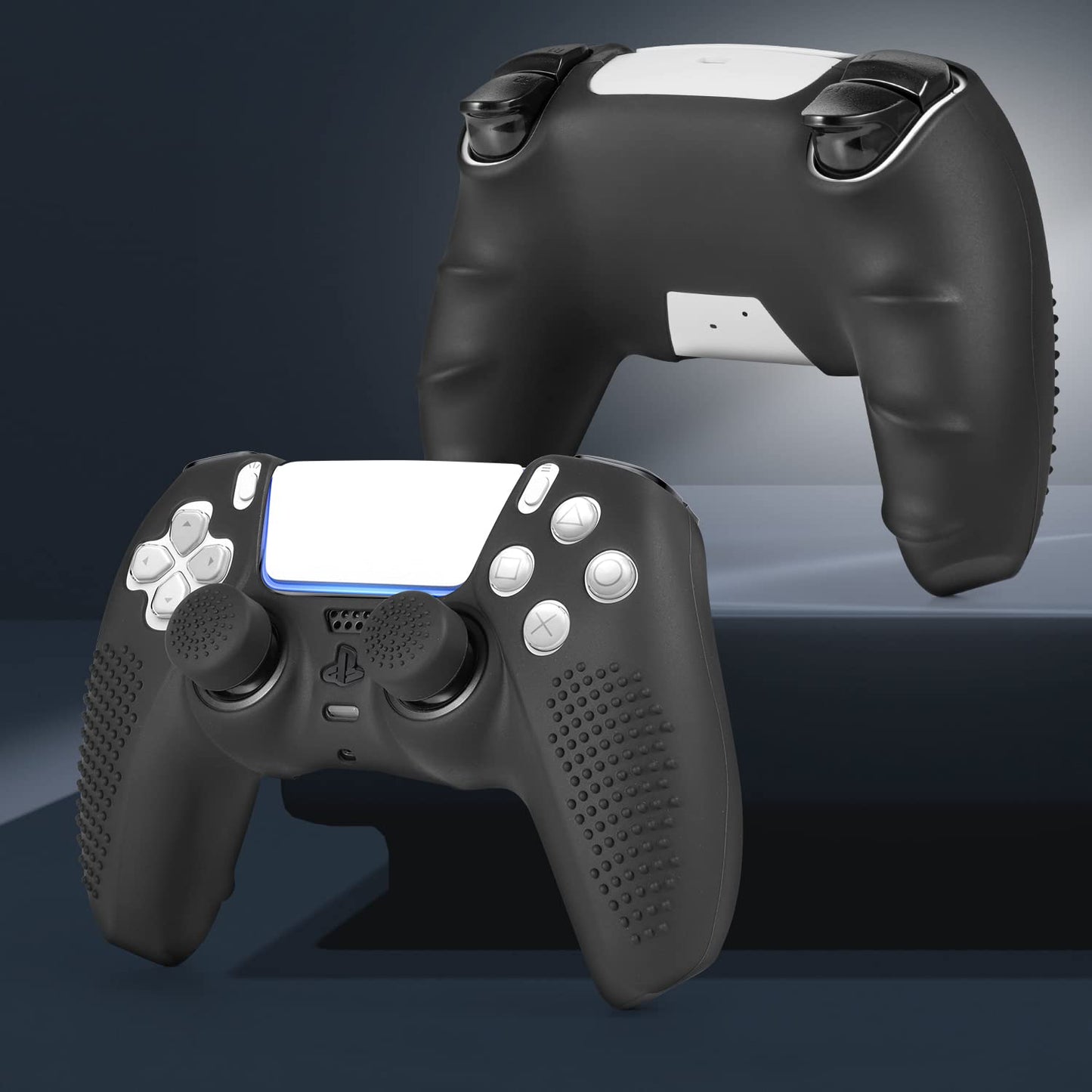 FAMOMI PS5 Controller Skin, Anti-Slip Soft Silicone Protective Cover Case for PlayStation 5 Controller Grip Accessories, 2 Pack with 8 x Thumb Grip Caps (Black&Black)