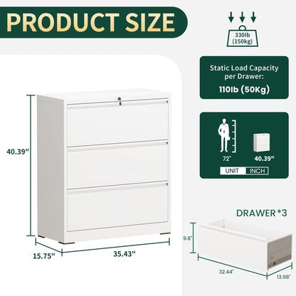 3 Drawer Lateral File Cabinet with Lock, Metal File Cabinets for Home Office, Office Furniture for Organization Hanging Legal/Letter/A4, Metal Filing Cabinet Storage Cabinet, Require Assembly, White
