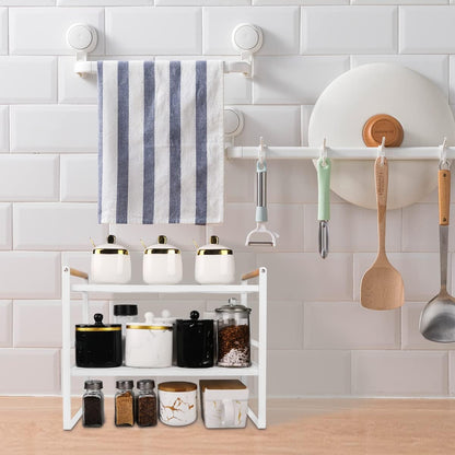 Kitchen Counter Shelf, 2 Tier Space Saving Organizer with Wood Handle, 16.1 x 8.3 x 12.8 Inches (White)