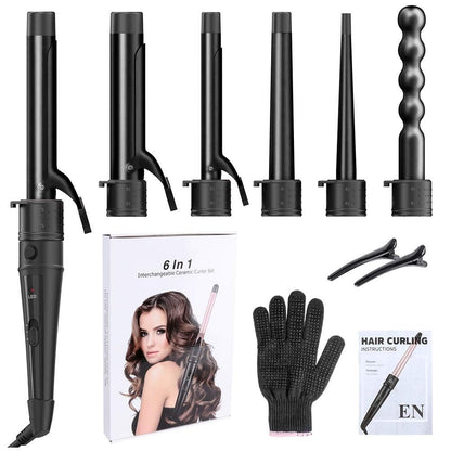 6-in-1 Curling Iron, Professional Instant Heat Up Hair Curling Wand Set with 6 Interchangeable Ceramic Barrels (0.35'' to 1.25'') and 2 Temperature Adjustments, Heat Protective Glove & 2 Clips