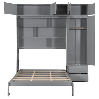 Merax Queen Size Murphy Bed with Shelves, Top Cabinet and Wardrobe, Fold into The Wall, Multifunctional Foldable Platform Bed Frame for Bedroom, Guest Room, Home Office, Space-Saving Design, Gray