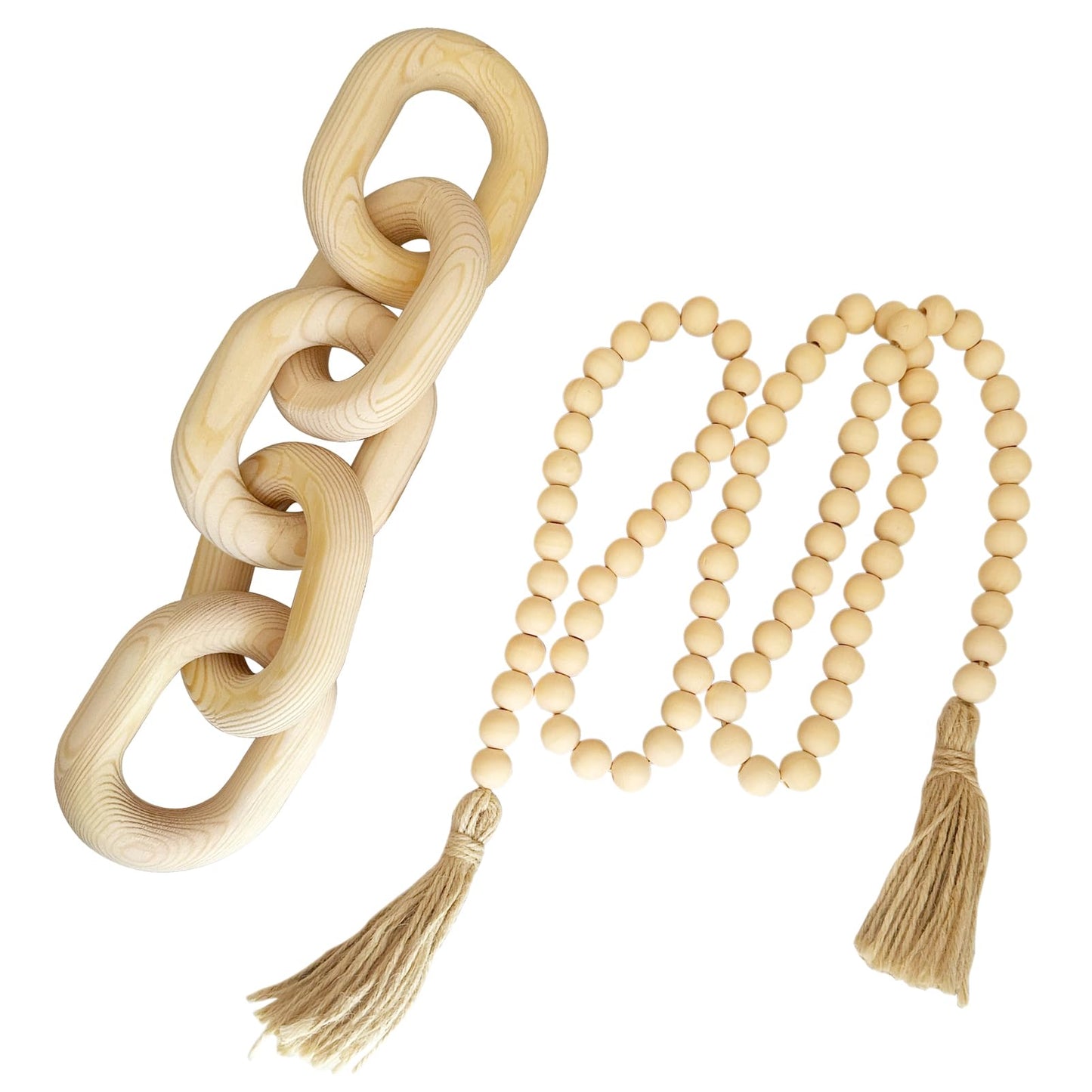 EMINGSKY 2 Pieces Decorative 5 Link Wooden Chain Decor and Bead Boho Farmhouse Rustic Home Table Decor Coffee Table Shelf Aesthetic Modern Bookshelf Table Wooden Decortion (Natural)