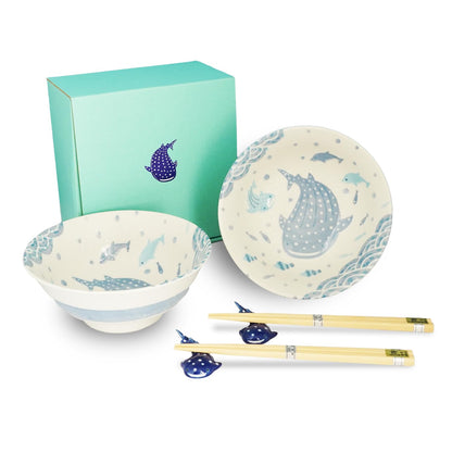 Whale Shark Donburi set, Microwave-Safe Bowl and Chic Chopstick, Whale Shark Chopstick Rest, Pair Set in Sea-Inspired Gift Box, For Ramen, Bowls, Rice Bowls, Soup Bowls.