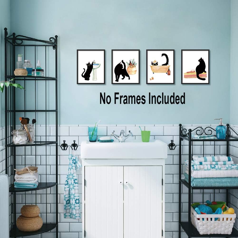 LHIUEM Black Cat Bathroom Decor, Funny Wall Art Set of 4, 8"X10", Unframed, Kitten Pictures