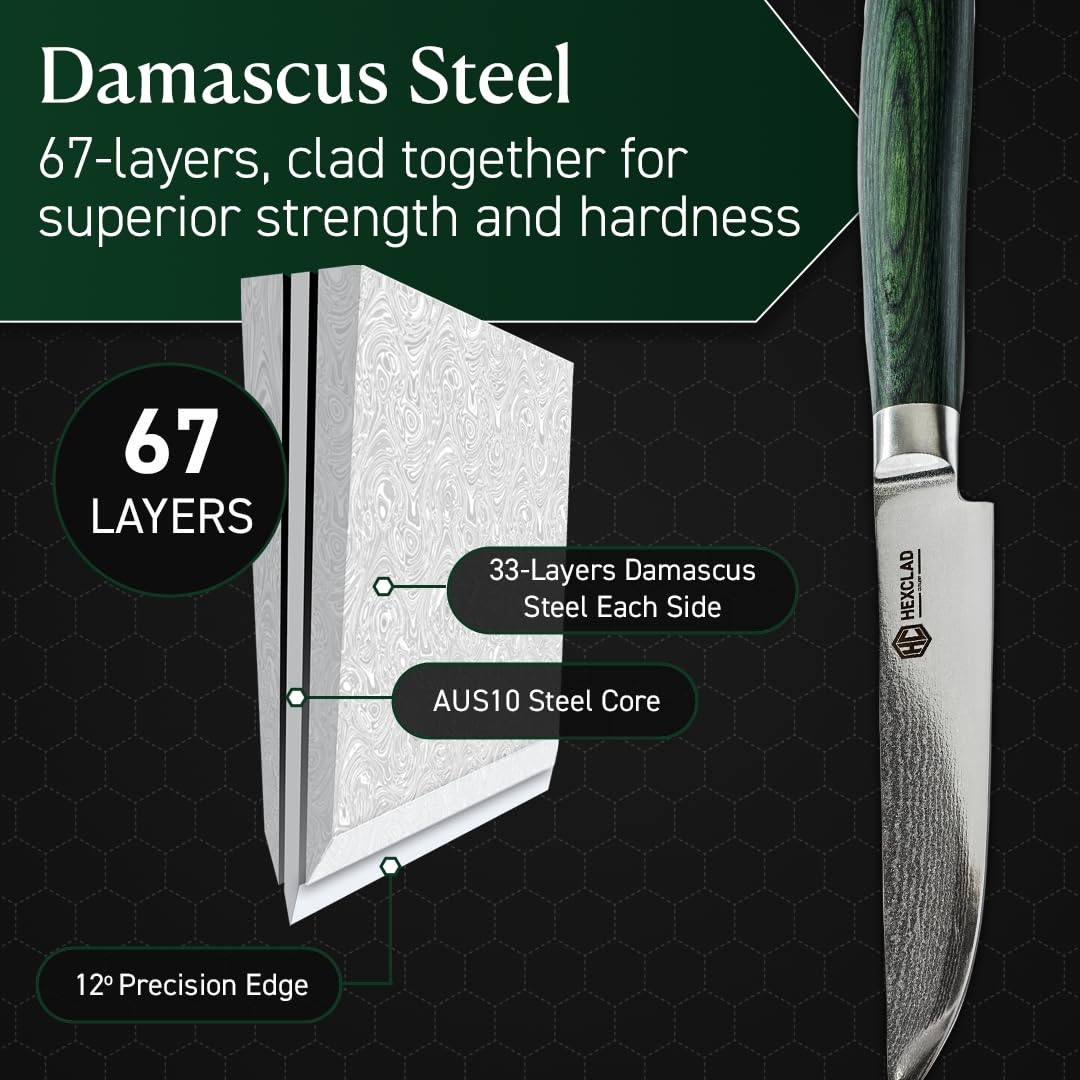 HexClad Green Steak Knife Set, 4-Pieces Damascus Stainless Steel Blades, Full Tang Construction, Pakkawood Handles