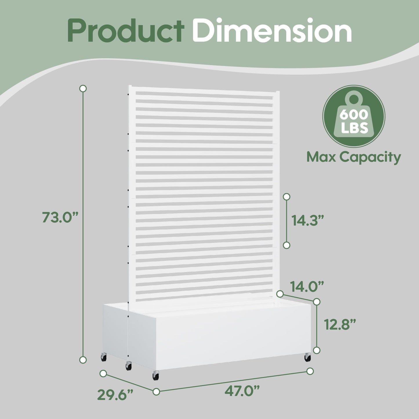 Sunnibety Double Metal Planter Box with Trellis Privacy Screen, Raised Garden Bed with Trellis & Wheels, Planter Box Outdoor with Drainage Holes for Climbing Plants, Vines,73"x 47"x 30", White