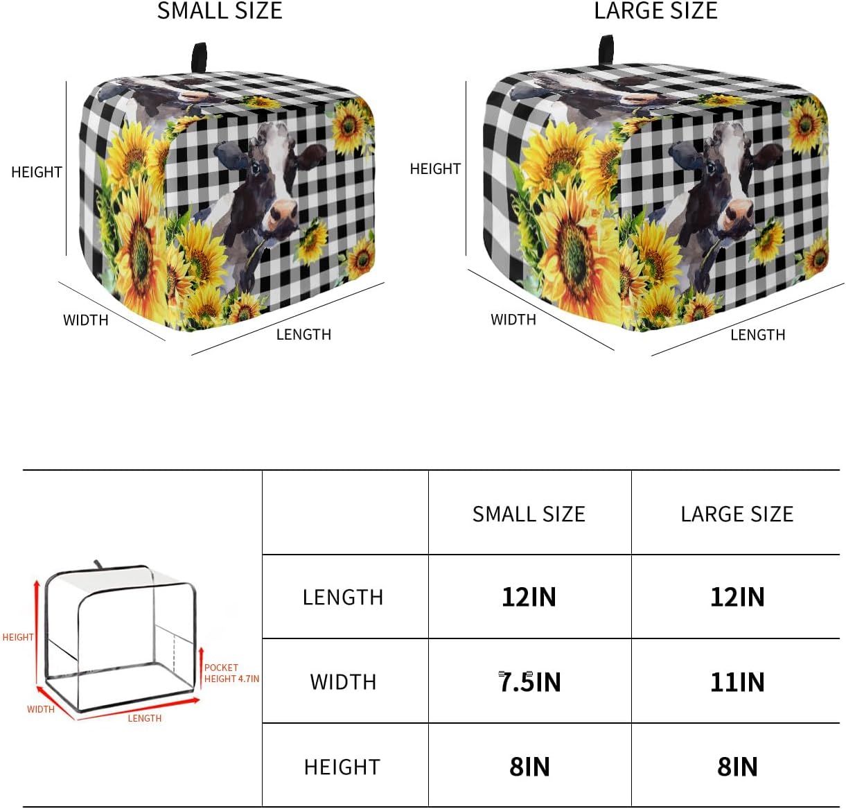 Toaster Cover 2 Slice, Yellow Sunflower Cow, Dust-Proof Cover with Pockets for Kitchen Small Appliance