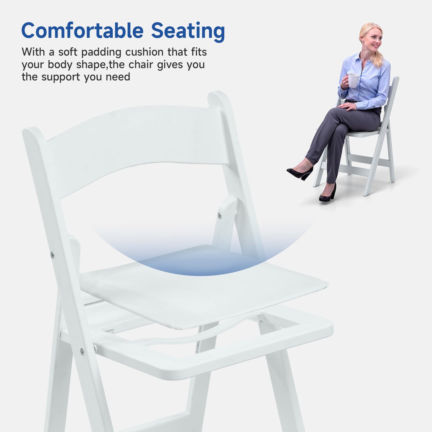 Winlice White Resin Folding Chairs - Stackable Chairs with Padded Seats, 800LB Weight Capacity Comfortable Chair - Indoor/Outdoor Folding Chairs for Events - Lightweight Foldable Chairs (10 Pack)