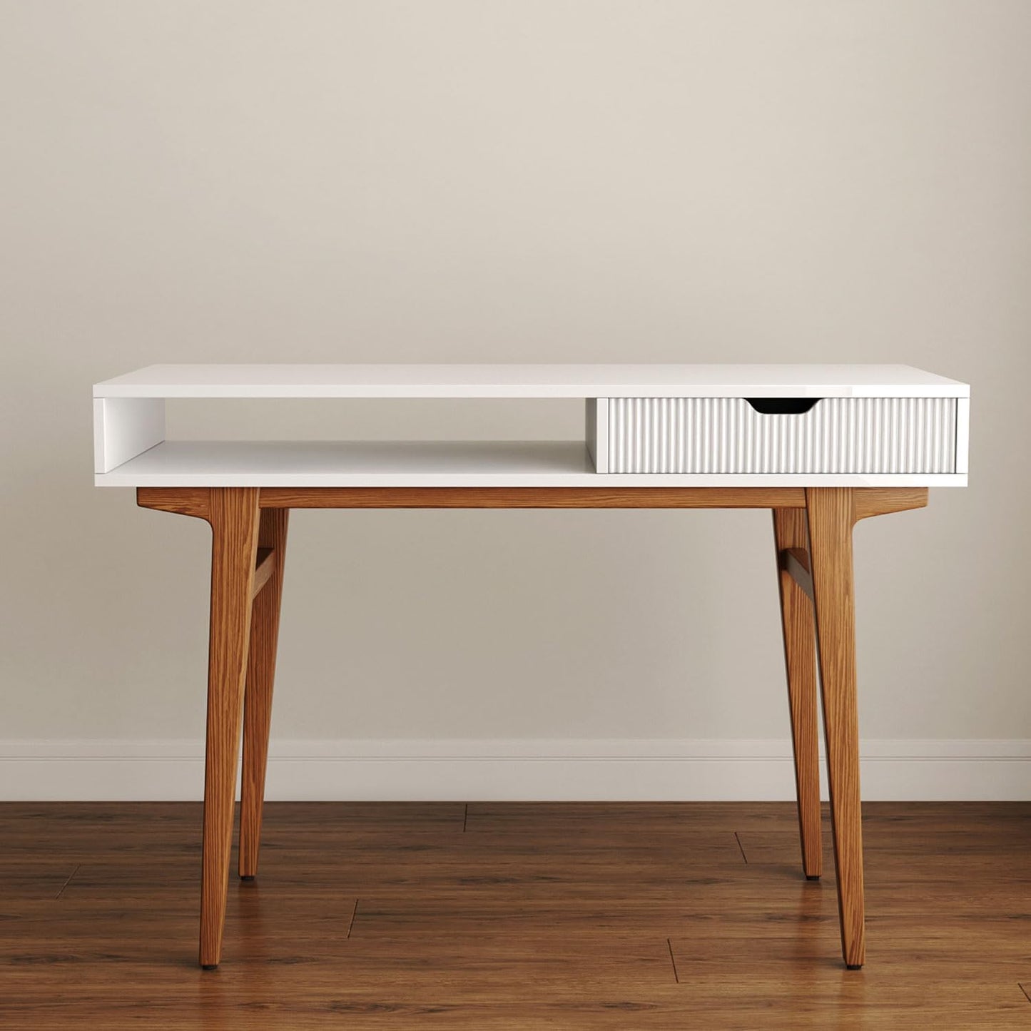 Longcoam Design White Computer Desk with Drawers - 45 inch Minimalist Small Solid Wood Mid-Century Modern Office Desk for Home - Boho Style Writing Table with Open Storage,Light Wooden Desk Workspace
