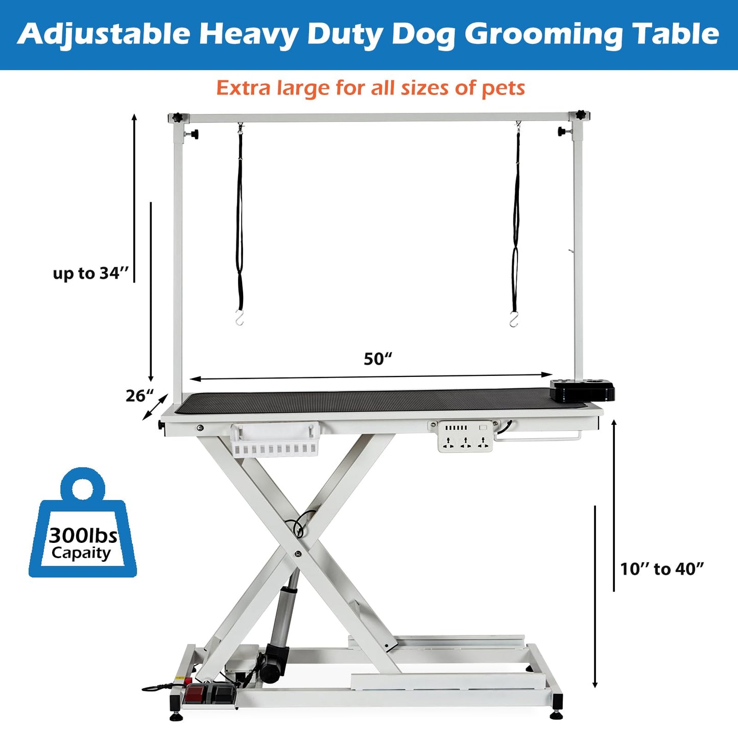 GarveeTech 50" Dog Grooming Table, Electric Hydraulic Grooming Table for Large Dogs or Small Dogs, Aluminium Overhead Arm, Anti Slip Tabletop, 6 USB Ports, Home & Salon Use, Max Capacity 330Lb, White