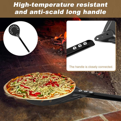 Pizza Oven Accessories Kit w/Pizza Oven Brush & Stone Scraper, 7.8inch Aluminum Perforated Long Handle Nonstick Pizza Turning Peel Cutter Wheel for Outdoor Homemade Baking Pizzas