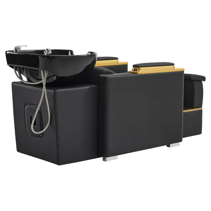 BarberPub Backwash Shampoo Station Chair with Porcelain Ceramic Hair Wash Bowl, Vacuum Breaker, Professional Black&Gold Shampoo Chair for Salon and Spa 8613 (Black)
