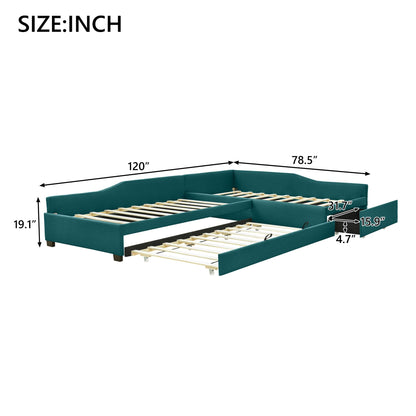 Merax Double Twin Size Upholstered Daybed with Trundle and Storage Drawer, Green Wood Bed Frame for Teens