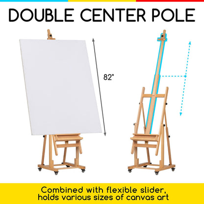 MEEDEN Extra Large Heavy-Duty H-Frame Studio Easel - Solid Beech Wooden Artist Professional Easel, Painting Art Easel Stand with 4 Premium Locking Silent Caster Wheels, Hold Max 82"
