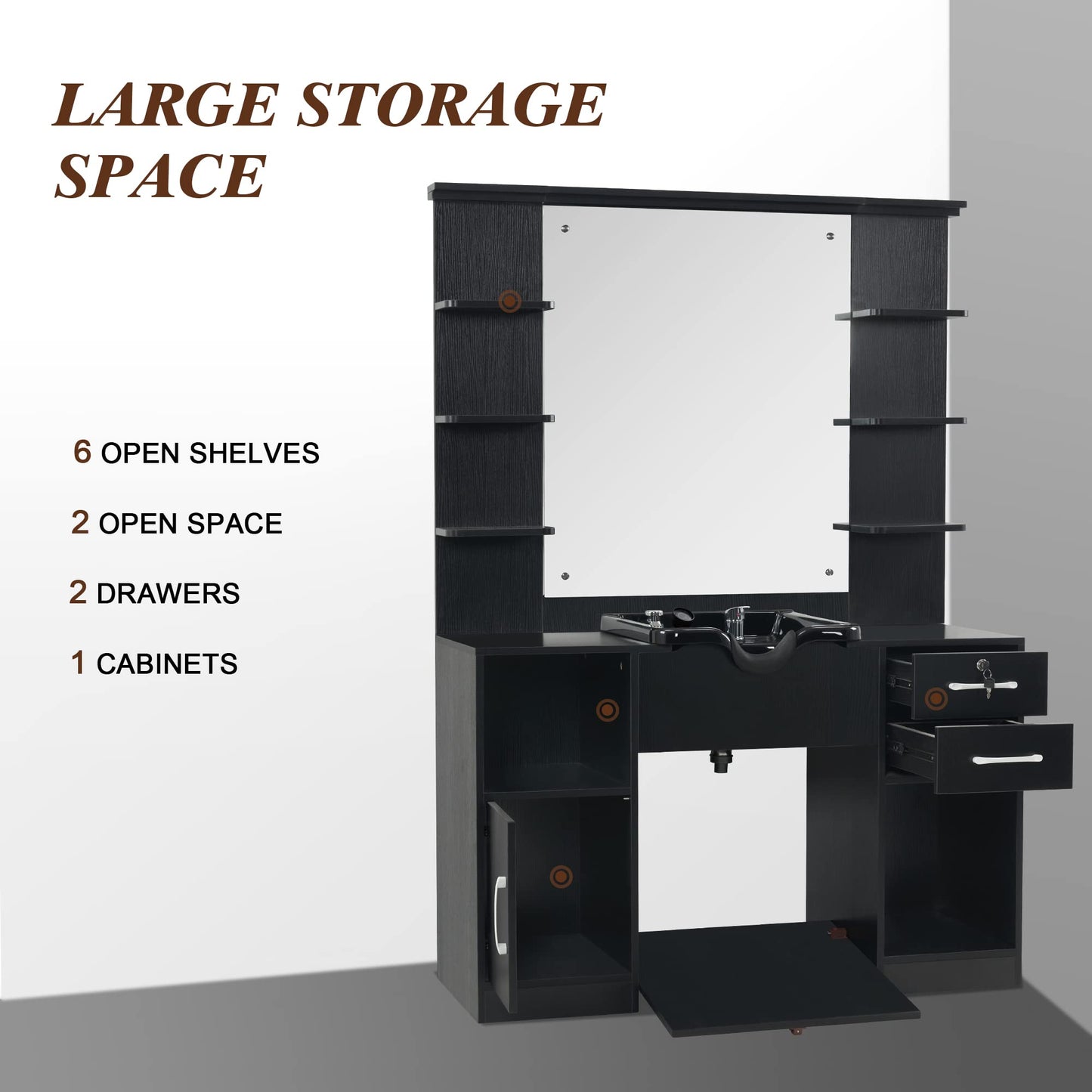 BarberPub Wall Mount Storage Station with Mirror Shampoo Bowl High-end Styling Beauty Salon Furniture Set 3145 (Black)