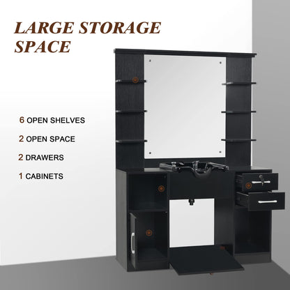 BarberPub Wall Mount Storage Station with Mirror Shampoo Bowl High-end Styling Beauty Salon Furniture Set 3145 (Black)