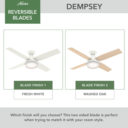 Hunter 52 inch Indoor Ceiling Fan No Light with Remote Control - White Modern Ceiling Fan without Light, Low Profile Mount, 4 Blades, For Bedroom, Living Room, or Kitchen - Dempsey 59248, Fresh White