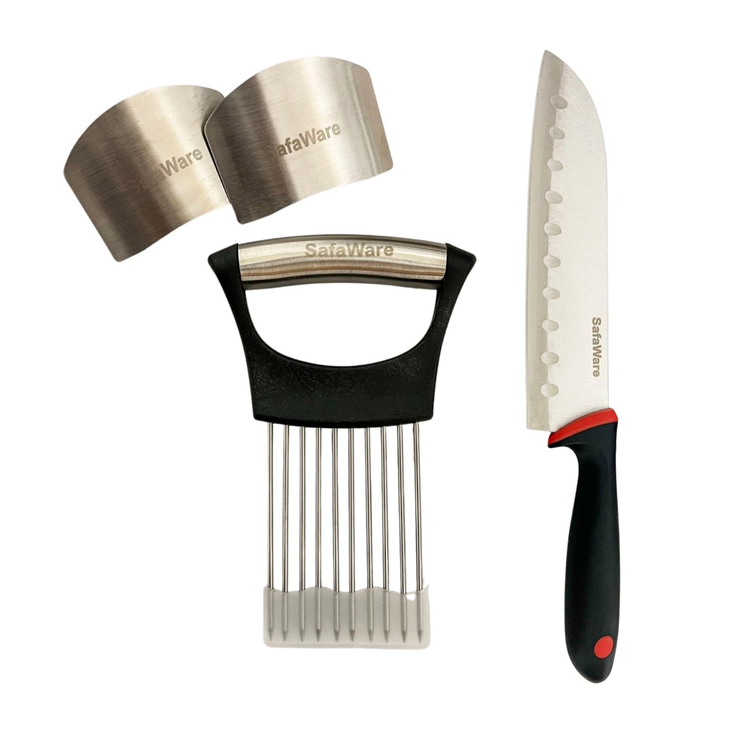 SafaWare onion holder for slicing with finger holder stainless steel onion slice holder finger protectors with bread knife, Stainless steel onion slice holder Lemon slicer vegetable cutter