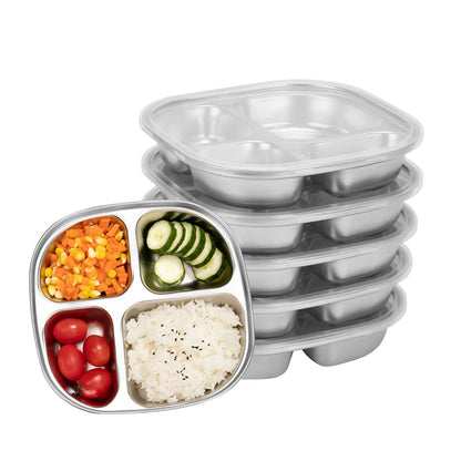 5-Pack Stainless Steel Divided Plates with Lids – Adults Portion Control Meal Trays – BPA-Free, Non-Toxic, Shatterproof – 4 Sections for Balanced Meals, Weight Loss, School, Travel – Dishwasher Safe