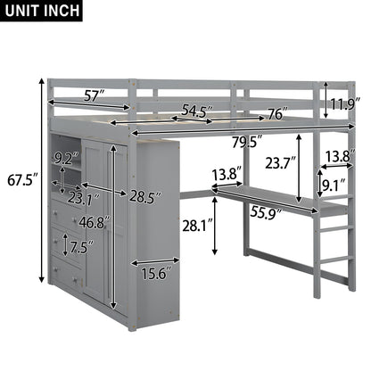 Full Size Loft Bed Frame with Built-in Wardrobe, Desk, Storage Shelves and Drawers, Wood Slat Support