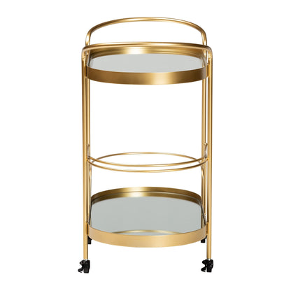 Baxton Studio Kamal Gold Finished Metal and Glass 2-Tier Mobile Wine Bar Cart