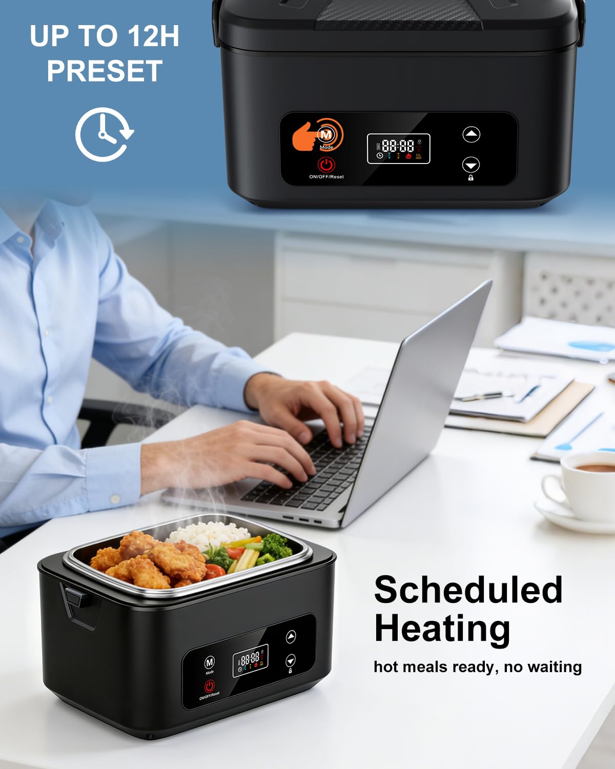 Moexili Electric Lunch Box, 2026 Upgraded 1.2L Cordless Heated Lunch Box,24000mAh Battery Powered Food Warmer with Timer, 5-Sided Heating, Leakproof, for Office, Outdoors & Truck