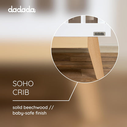 dadada Baby Soho 3-in-1 Convertible Wooden Crib to Toddler Bed - Made in Italy, GREENGUARD Gold Certified, Baby-Safe Finish, Handcrafted Beechwood, Modern Design, 3 Adjustable Heights (White/Natural)