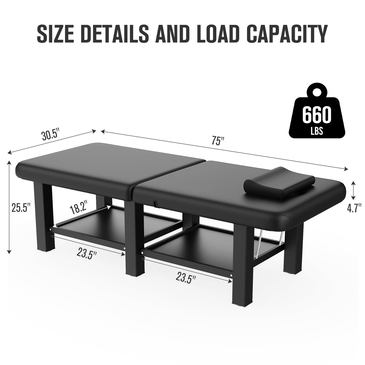 30.5'' Wide × 75'' Long Folding Stationary Massage Table with Backrest and Storage Space for Treatment Table Physical Therapy Table Spa Facial Bed, 6 Square legs, Metal Frame PU Leather - Black