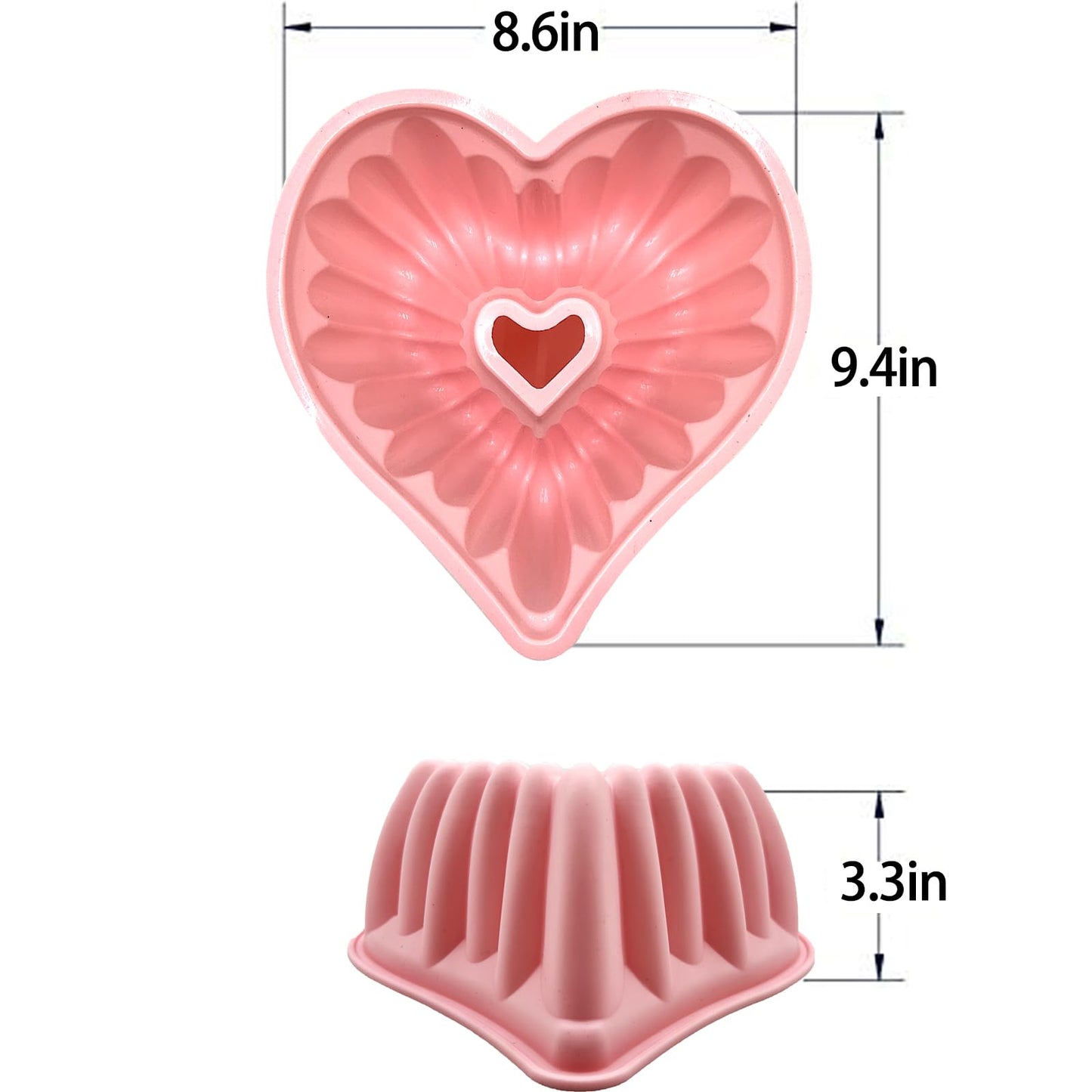 Kundalini Heart Shaped Cake Pan, 2PCS 9 Inch Heart Fluted Tube Cake Pans, Nonstick Silicone Cake Molds for Making Wedding, Valentine's Day and Family Cakes
