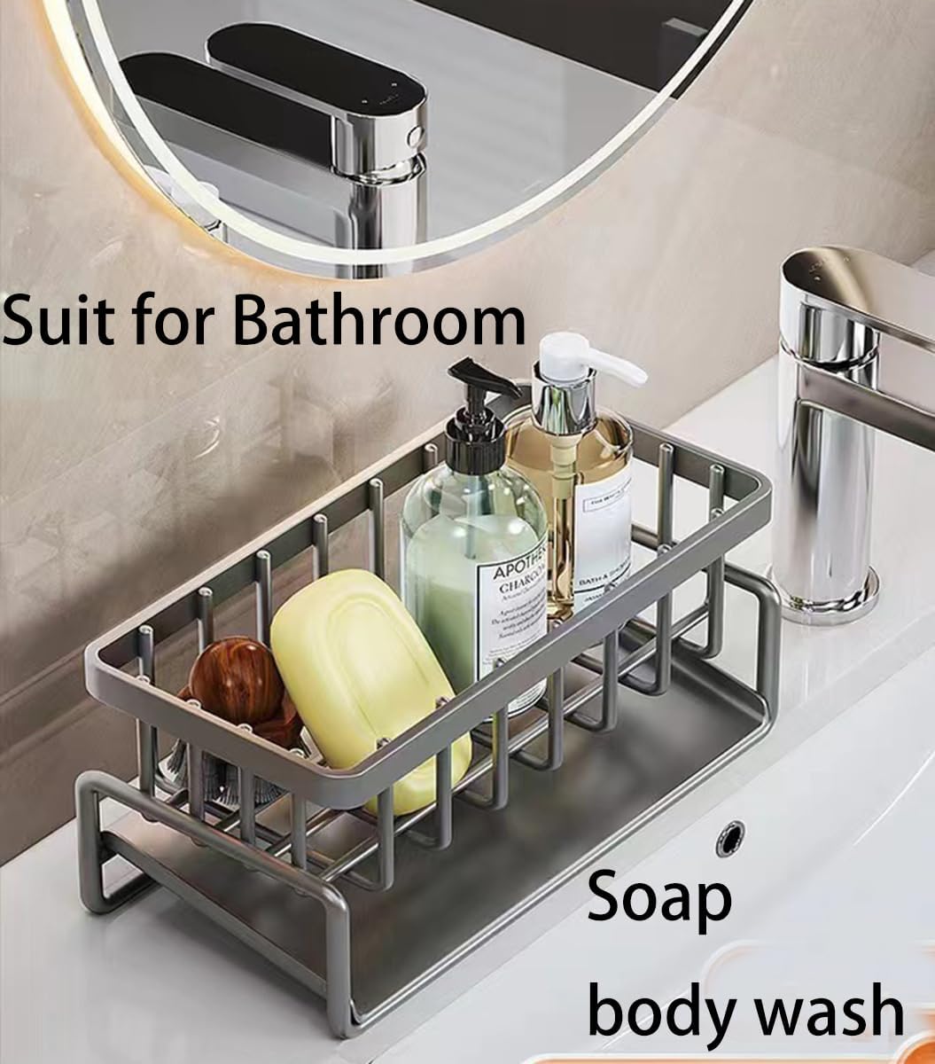 Stainless Steel Sponge Holder for Kitchen Sink, Anti-rust Caddy with Drain Tray, Sponge Rack Holder (Silver)