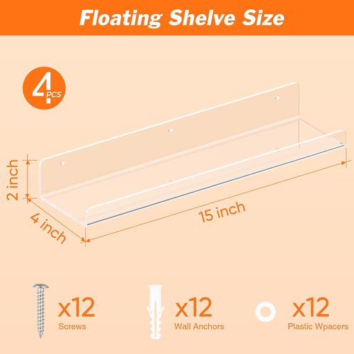 Dooiclear 15" Acrylic Floating Shelves - 4 Pack Wall Display Organizers for Home & Office Decor