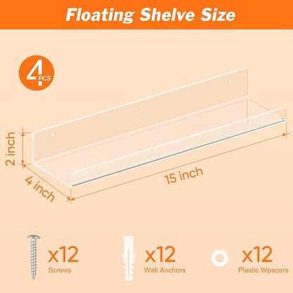 Dooiclear 15" Acrylic Floating Shelves - 4 Pack Wall Display Organizers for Home & Office Decor