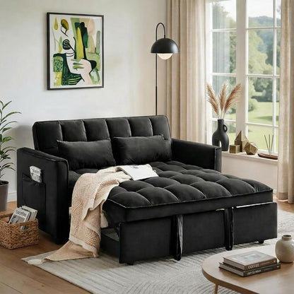 Trygoal 3 in 1 Convertible Sofa Bed, Love Seat Sleeper Bed with Side Pockets, Velvet Fabric Pull Out Couch with Adjustable Backrest for Living Room, Bedroom, Apartment, Black