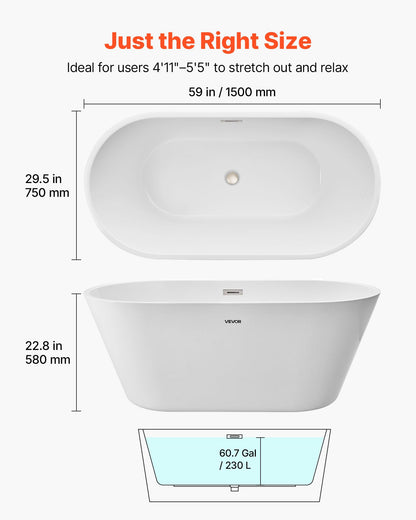 VEVOR Acrylic Freestanding Bathtub, 59 Inch Contemporary Soaking White Tub with Brushed Nickel Overflow and Drain, Elegant Oval Shape Stand Alone Soaker Tub for Modern Bathroom or Remodel Projects