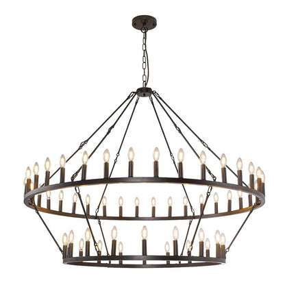 54-Lights 2 Tier Wagon Wheel Chandelier, 60" Large Chandeliers for High Ceilings, Round Black Chandeliers for Dining Room, Farmhouse Foyer Lighting Fixtures, for Living Room, Staircase, Entryway