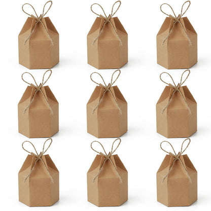 Zontween 50 Pack Hexagon Paper Box With Twines Kraft Paper Hexagon Boxes With Twice Candy Favor Present Boxes For Wedding Birthday Brown