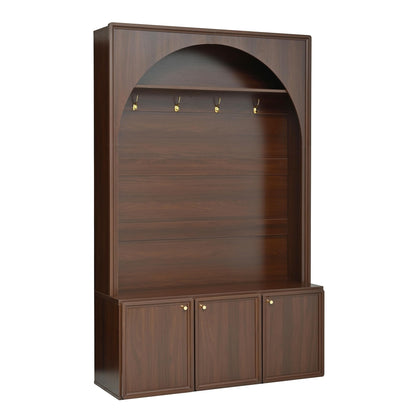 roomfitters Modern Arched Entryway Hall Tree with 3 Storage Cabinets, Upper Shelf and Coat Hooks for Mudroom, Walnut