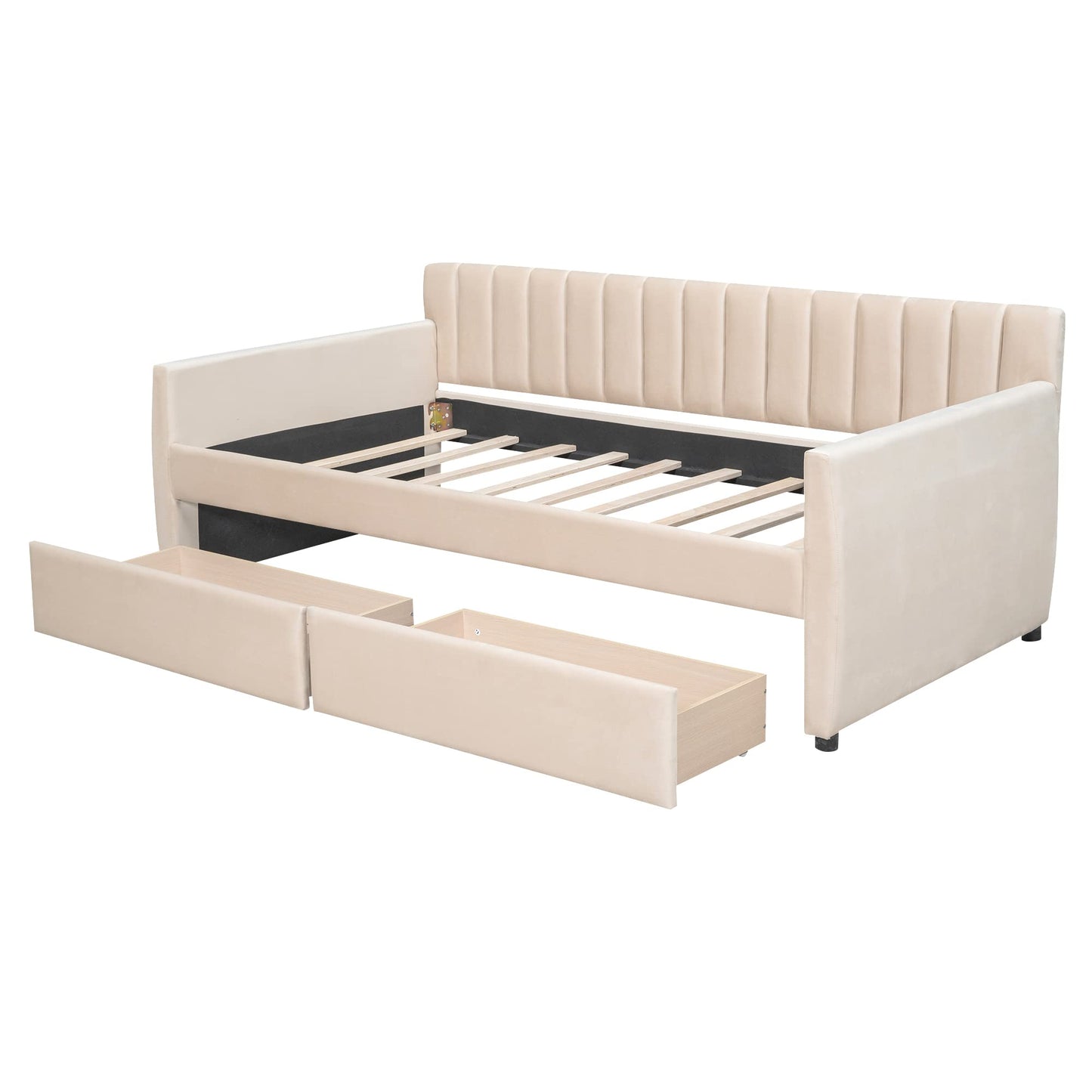 Merax Upholstered Daybed with 2 Drawers, Twin Size Bed Frame with Storage and Wood Slat Support, Beige