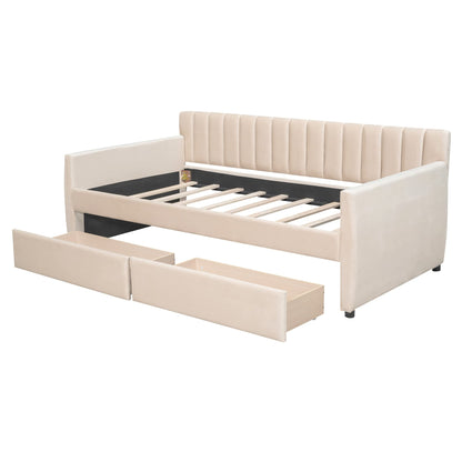 Merax Upholstered Daybed with 2 Drawers, Twin Size Bed Frame with Storage and Wood Slat Support, Beige