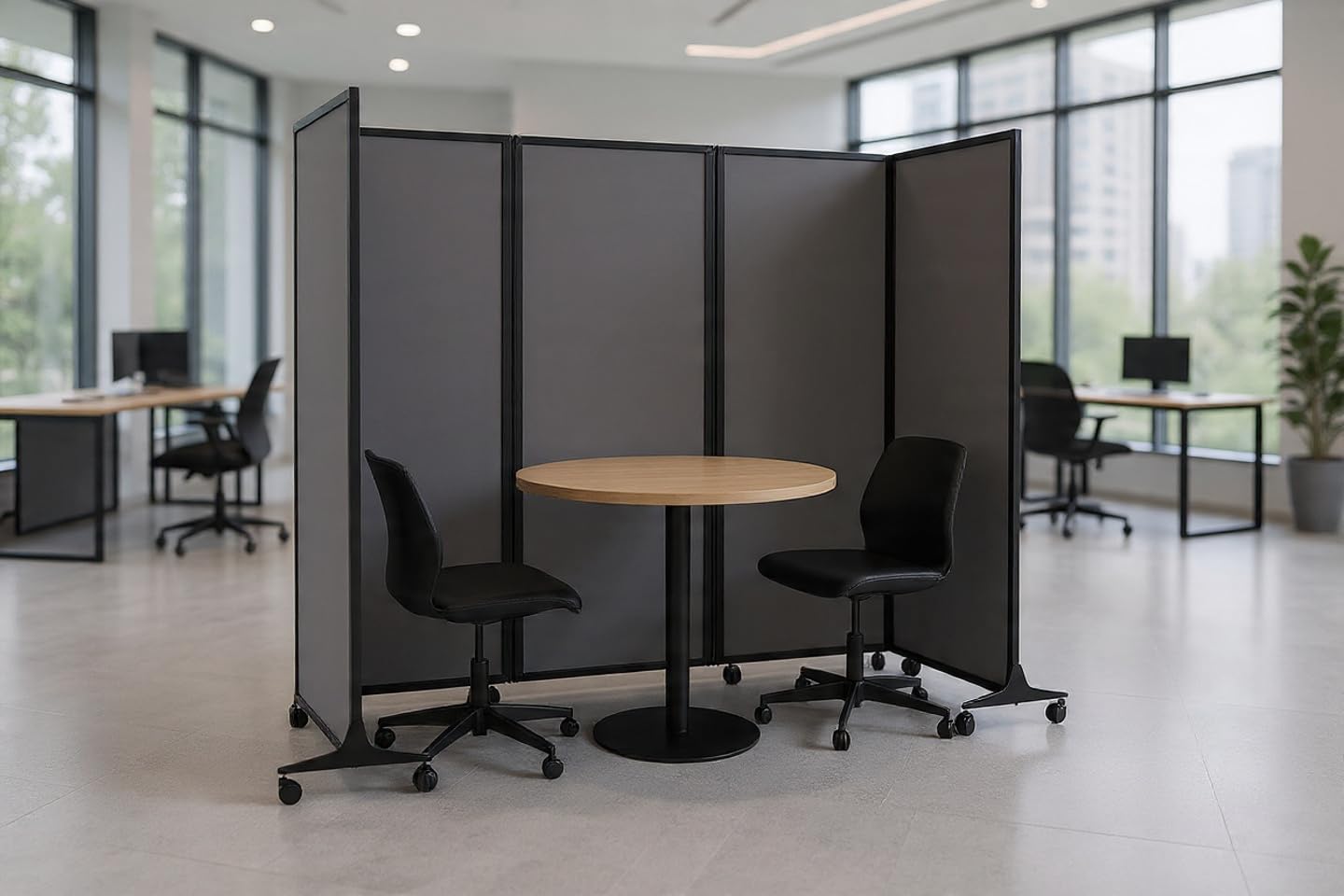 Versare Easy Wall Folding Room Divider | Freestanding Office Partitions | Classroom Dividers | Locking Wheels | Portable Room Separator | 14' Wide x 6' Tall Charcoal Gray Fabric Panels