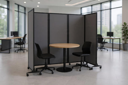 Versare Easy Wall Folding Room Divider | Freestanding Office Partitions | Classroom Dividers | Locking Wheels | Portable Room Separator | 14' Wide x 6' Tall Charcoal Gray Fabric Panels