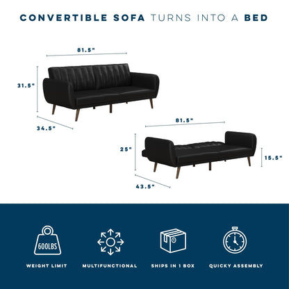 Novogratz Brittany 82 Inch Futon Sofa Bed in Faux Leather, Upholstered Couch Sleeper with Tufted Back, Mid-Century Modern Design, Black