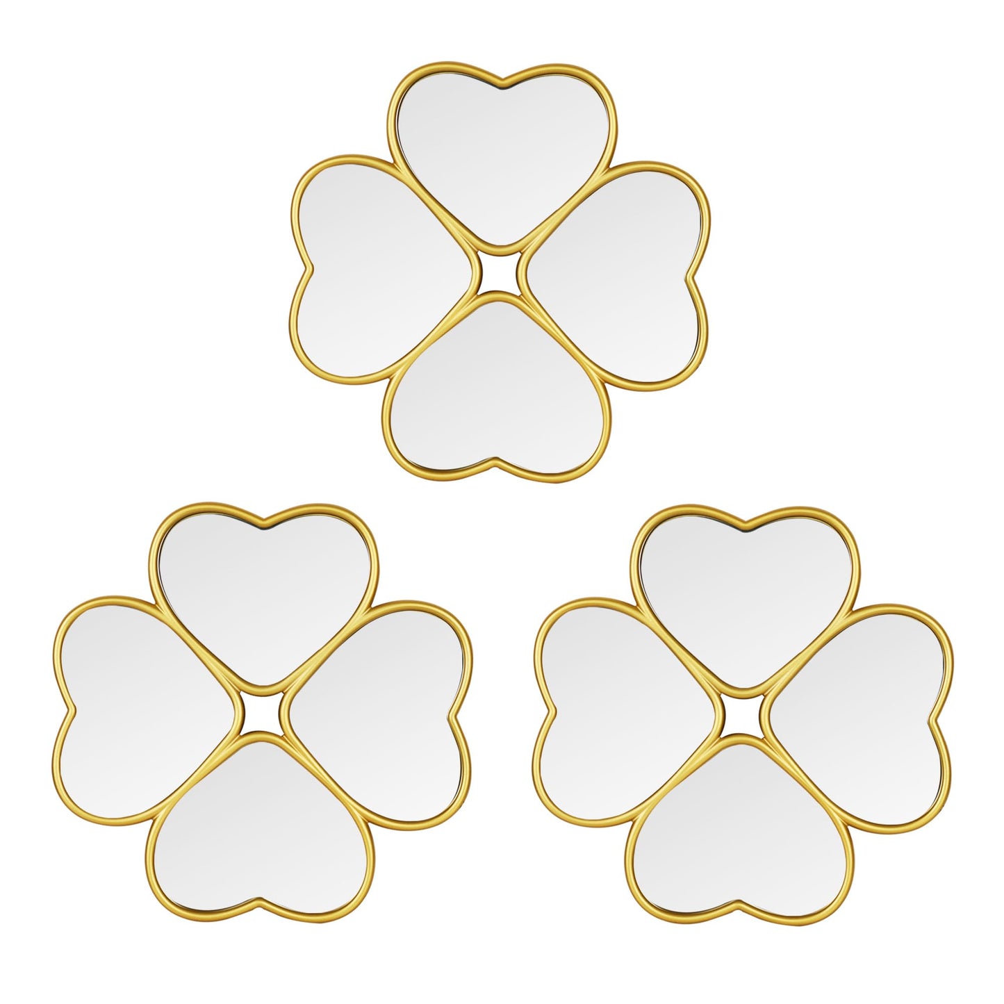 LuHeToz Small Decoritive Heart Wall Mirrors Set of 3, Decorative Four-Leaf Clover Mirror (Gold)
